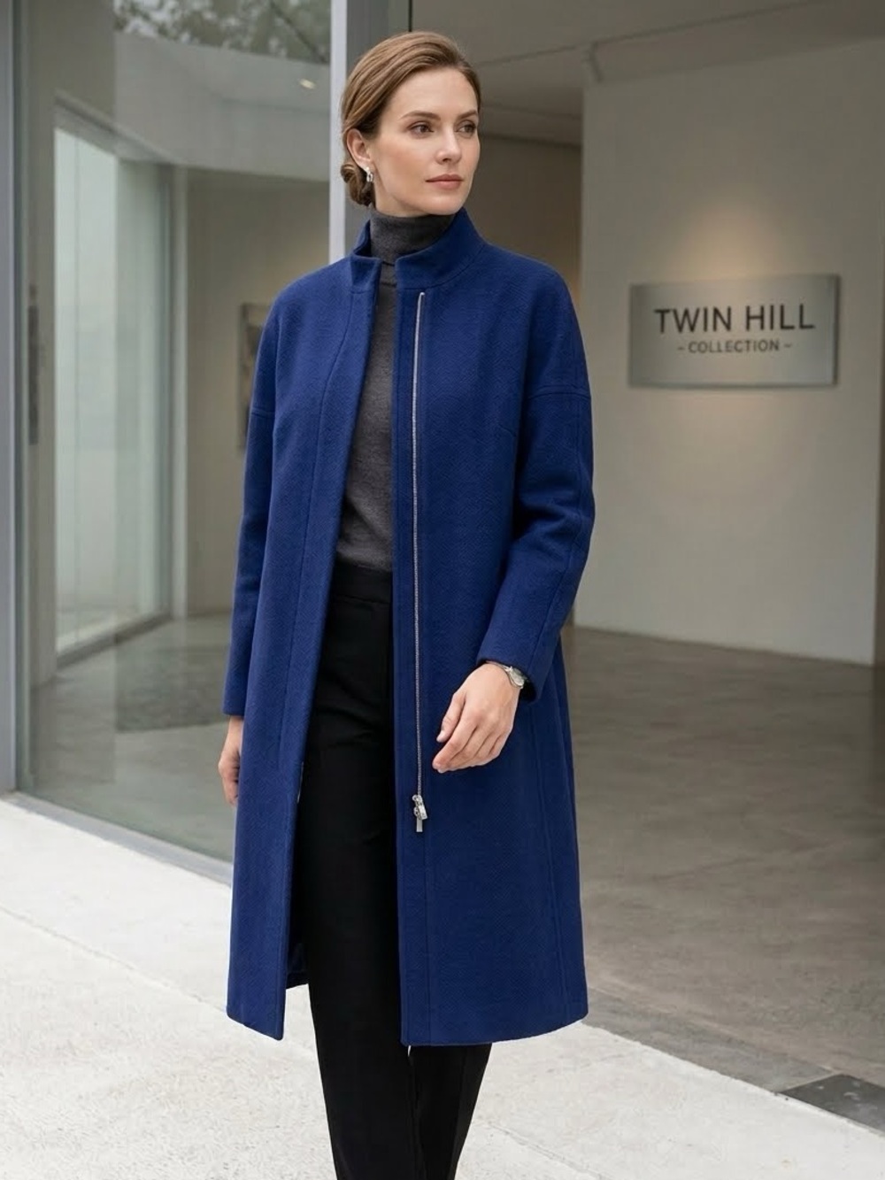 Twin Hill Cobalt Blue Long Wool 2-Way Zip Topper Coat Size 10R
